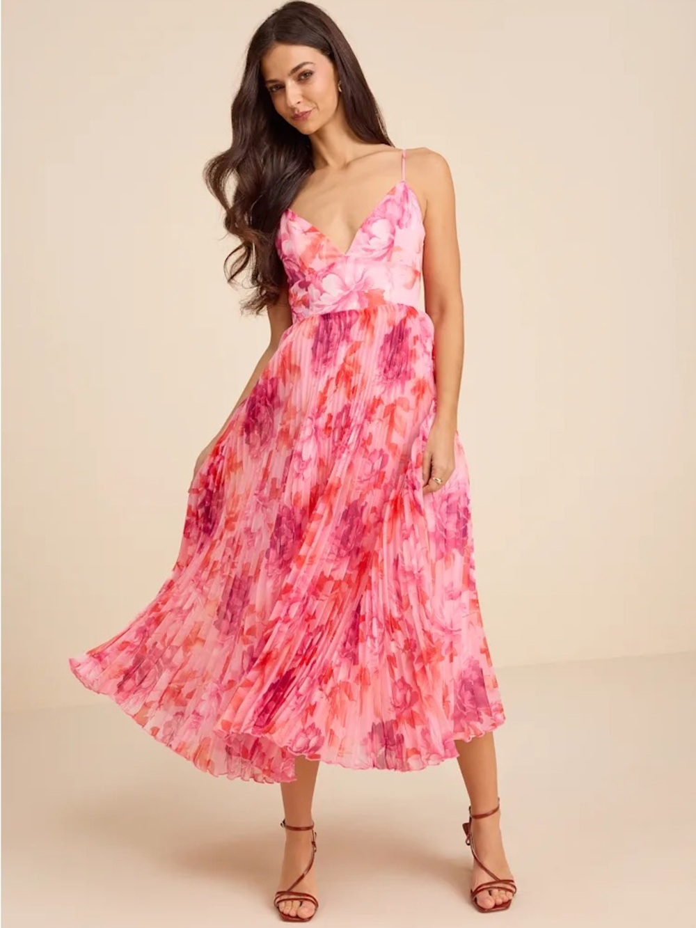 Lulu's Pink & Fuchsia Floral Pleated Midi Dress